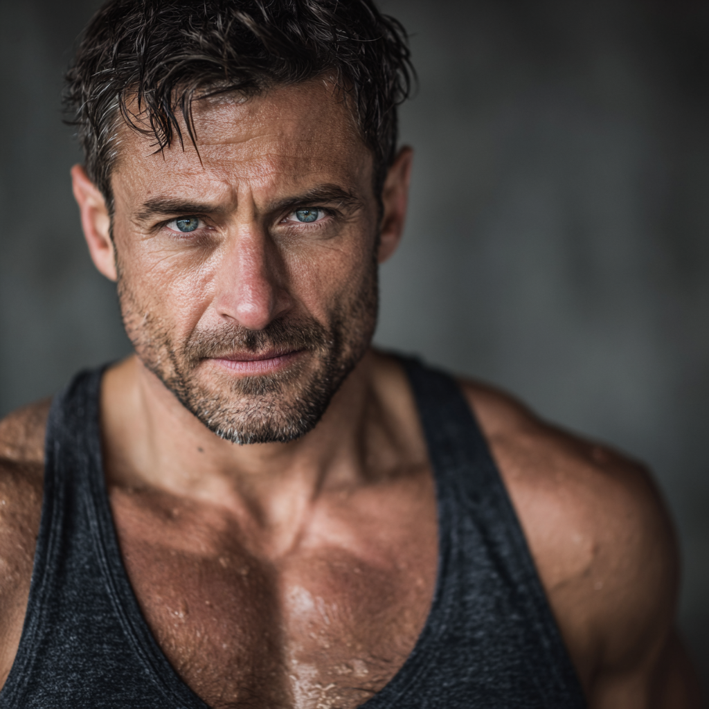 Впевнений чоловік після тренування, демонструє результати фізичного розвитку та внутрішньої сили