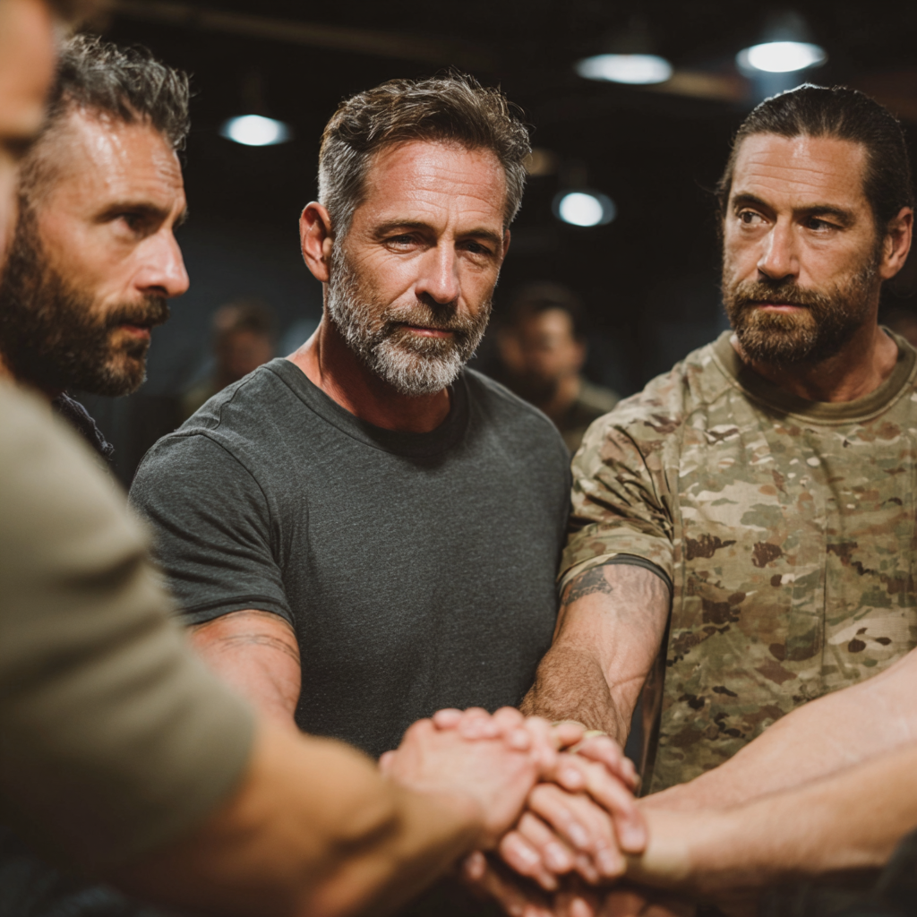 Група чоловіків під час інтенсивного тренування, демонструють командний дух та взаємну підтримку